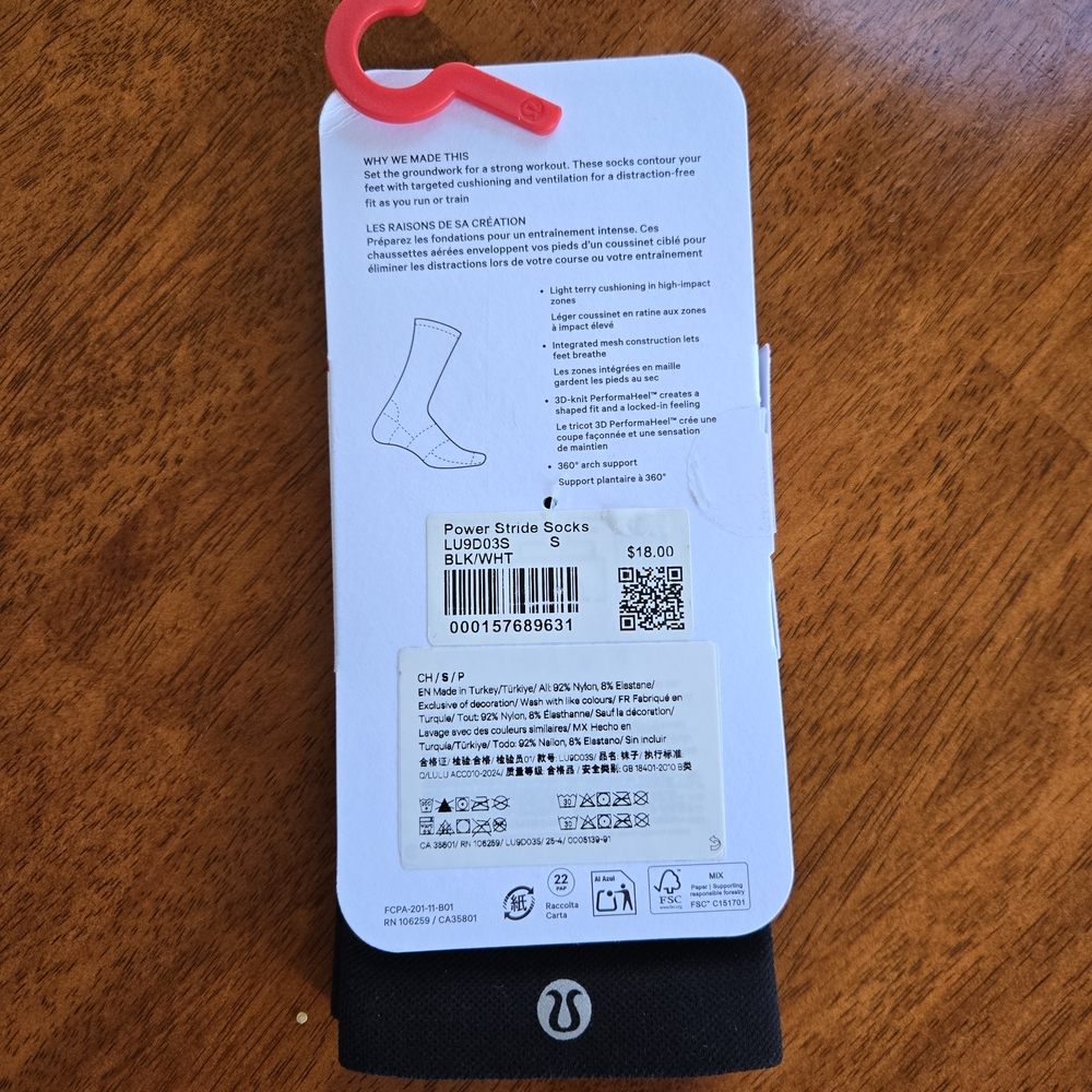 SOLD - NWT Lululemon Unisex Power Stride Crew Socks Small